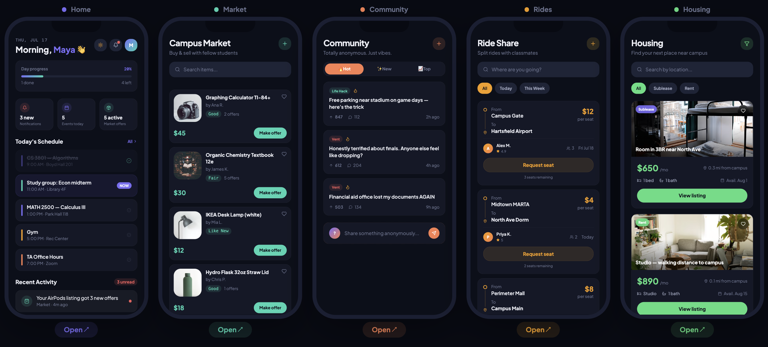 Campus Connect dark mode UI